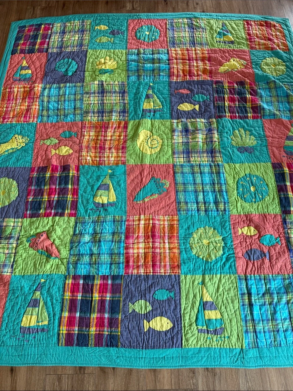 Beachy Bright Coastal Patchwork Plaid Quilt with Nautical Quilt Blocks